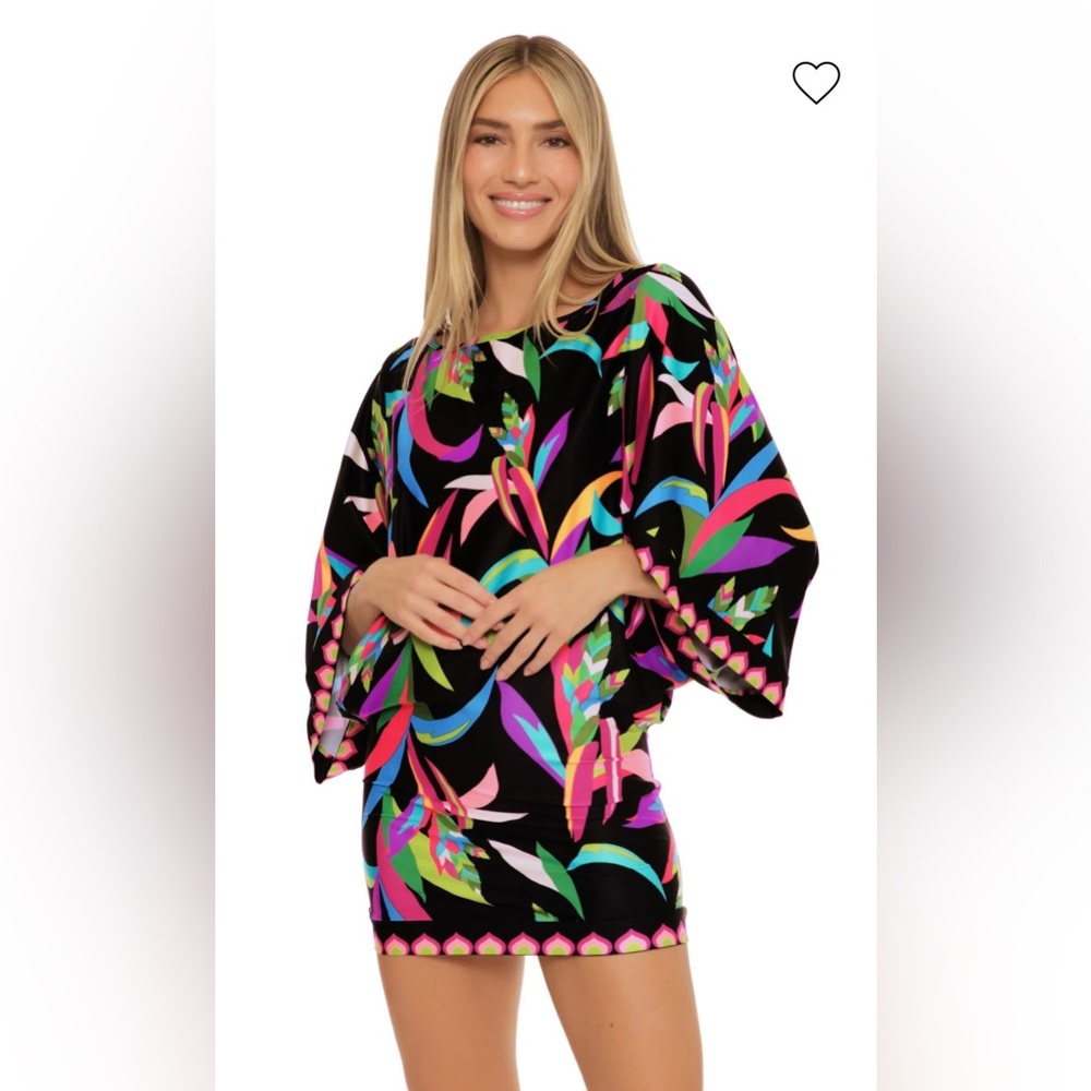Trina Turk Black Multicolor Tropical Batwing Coverup Dress